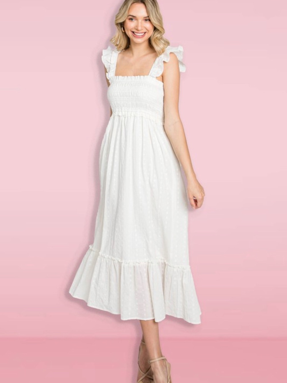 Smocked Ruffle-Strap White Midi Dress